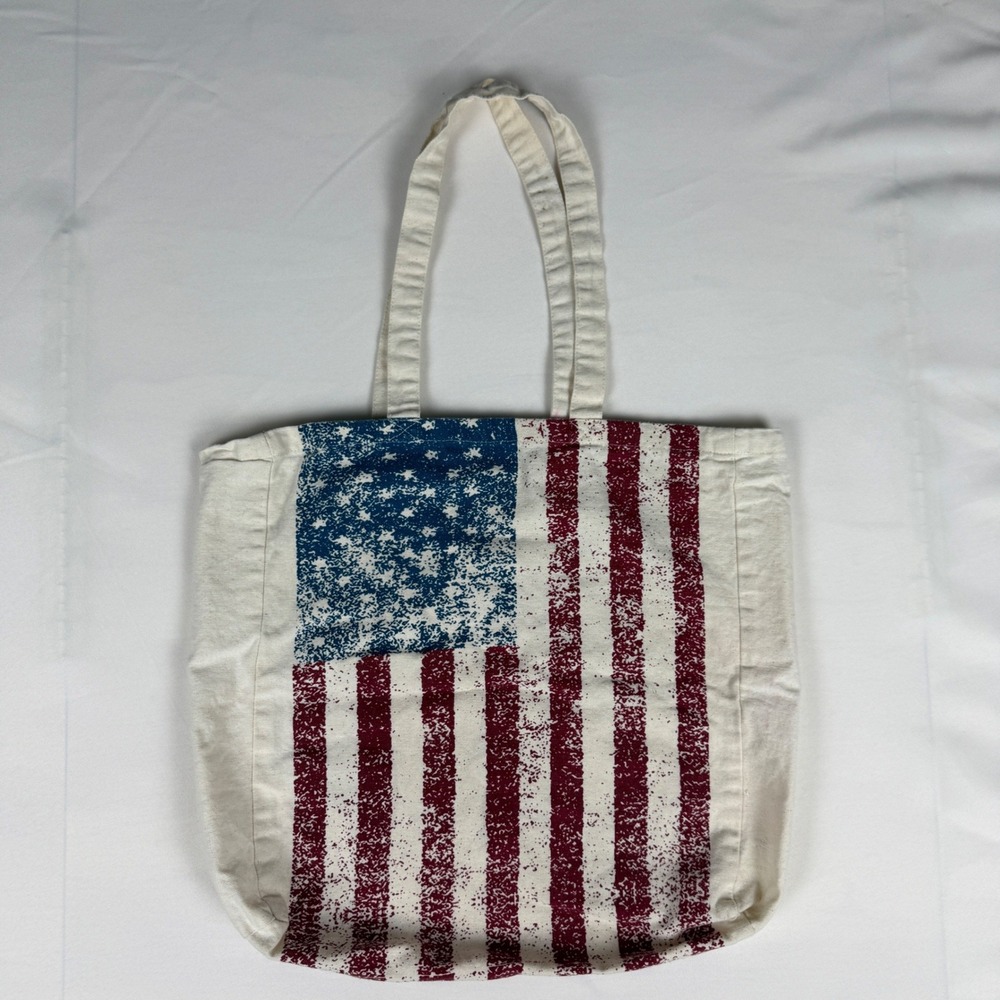 Vintage Style American Flag Canvas Tote Bag Distressed Stars and Stripes Cream